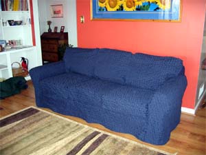 new custom slipcover protecting sun damaged upholstery on sofa
