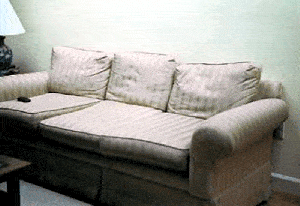 worn sofa before custom slipcover