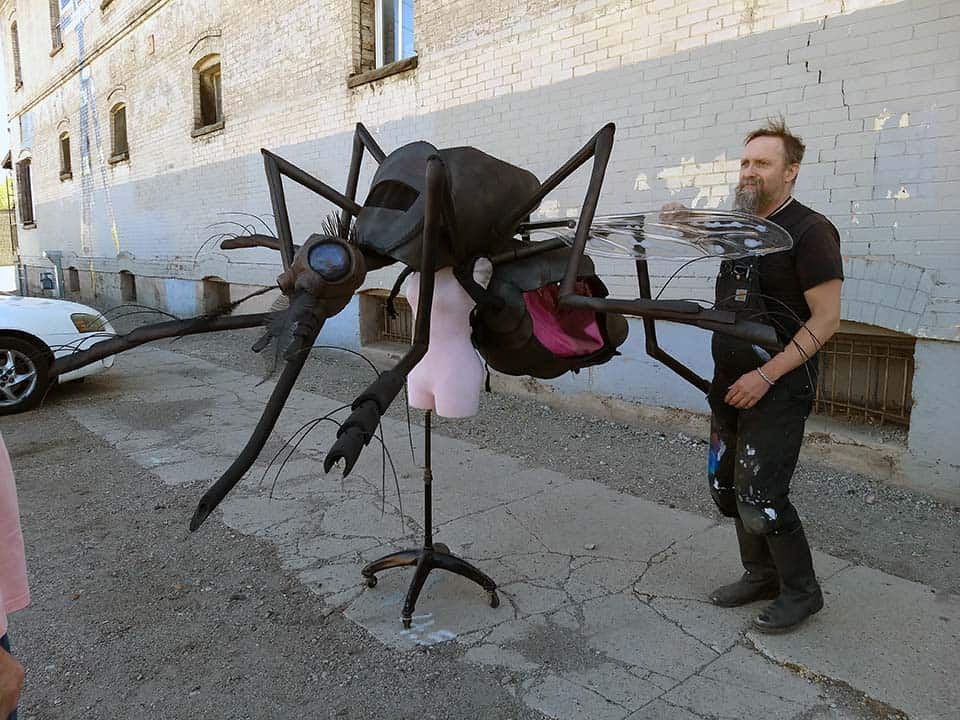 Spooky in the daylight, the new mosquito mascot is ready to be disassembled for travel