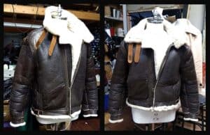 B3 bomber jacket before and after its alterations- shortened about 4" total.